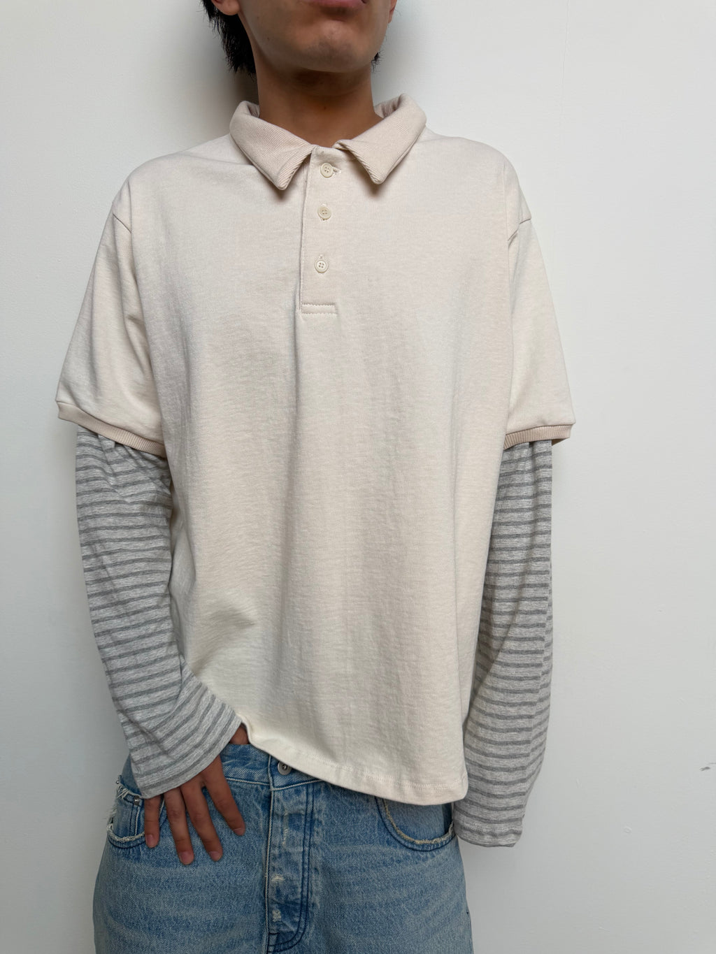 Cream Striped Polo Longsleeve