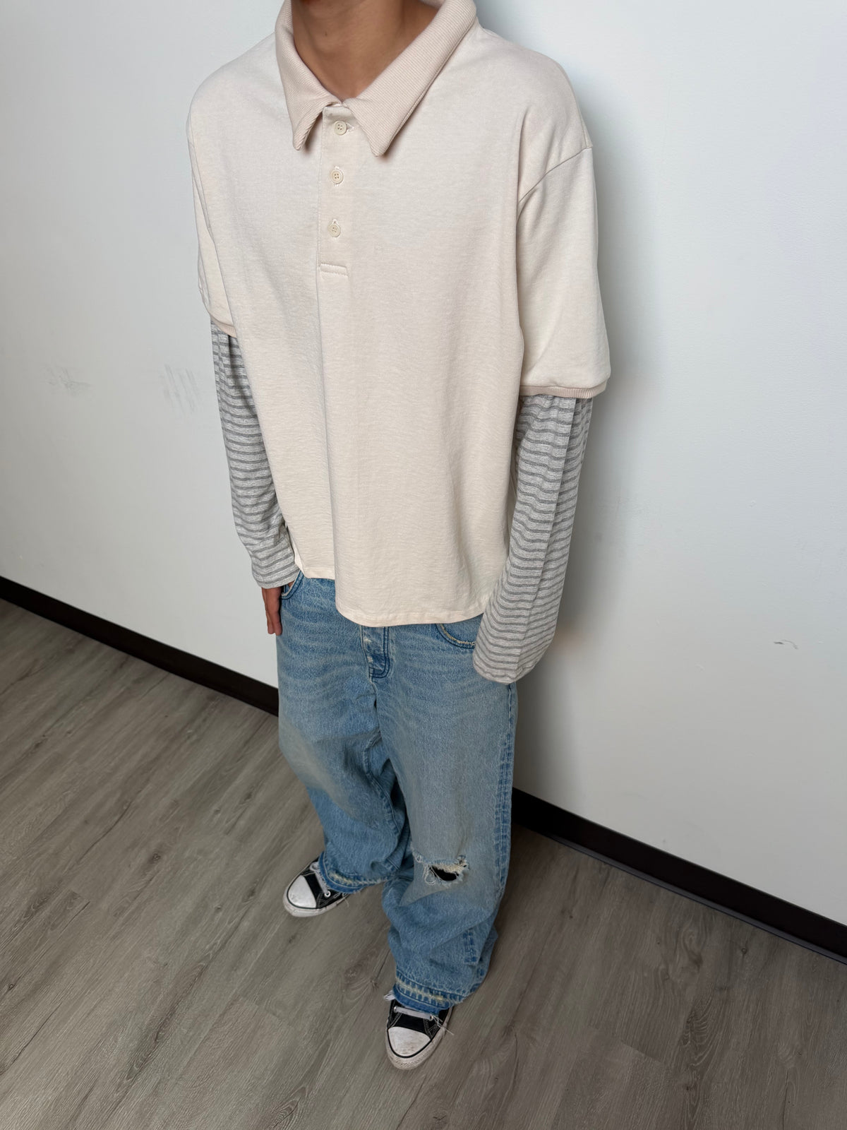 Cream Striped Polo Longsleeve